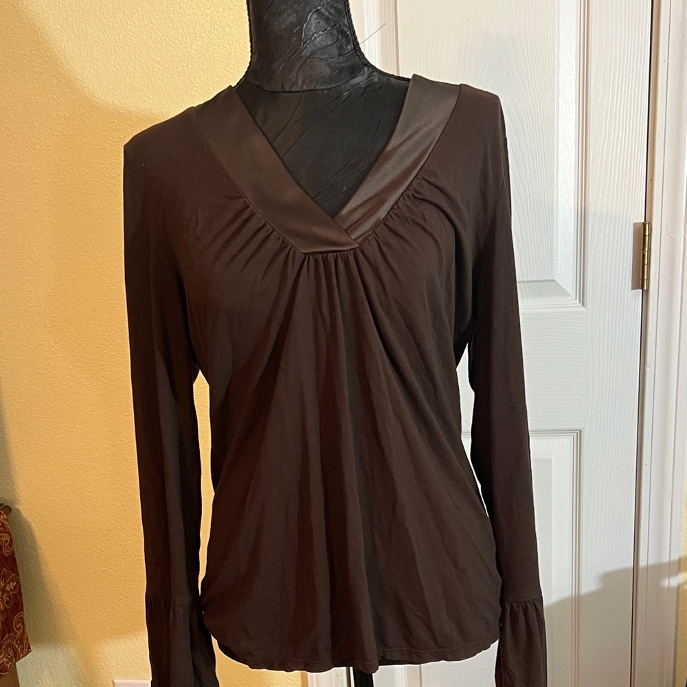 INC International Concepts Chocolate Brown V-Neck Blouse